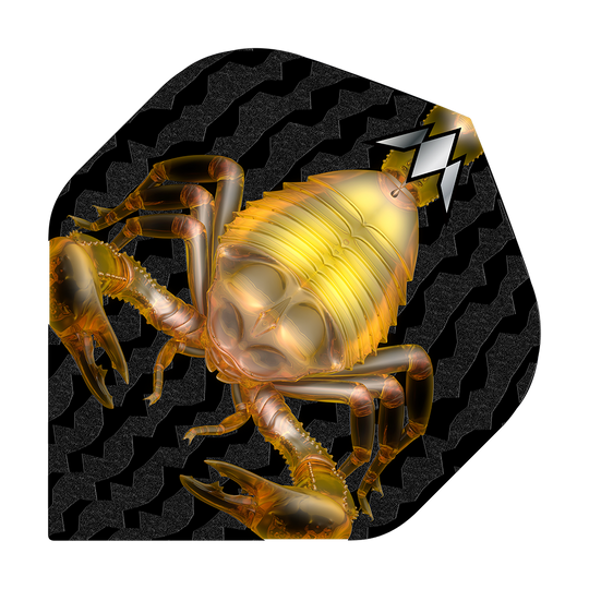 Das Bild zeigt das Produkt "Mission Solo Scorpion No2 Standard Flights" mit einer goldenen Skorpion-Grafik. Der Hintergrund ist schwarz mit einem wellenförmigen Muster.