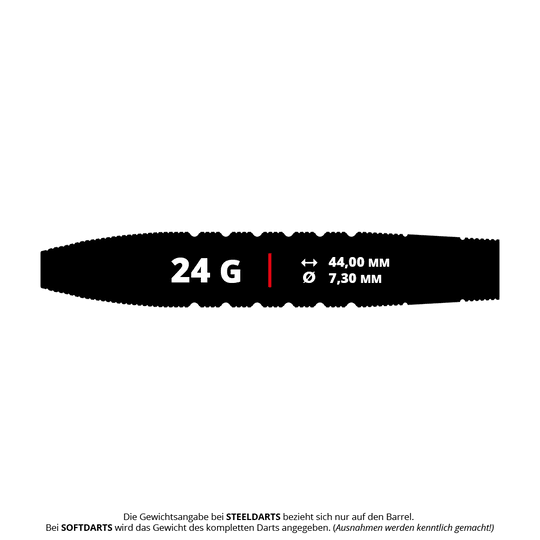 Das Bild zeigt die Produktinformationen der GOAT Quarterback V2 Tungsten Steeldarts mit 24 Gramm Gewicht. Der Barrel ist 44,00 mm lang und hat einen Durchmesser von 7,30 mm.