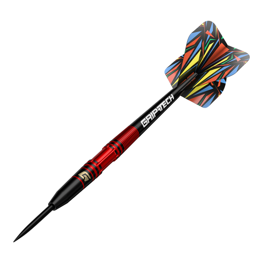 GOAT Athlete Red Brass Steeldarts - 11g Dies ist der GOAT Athlete Red Brass Steeldart mit einem Gewicht von 11g. Er hat ein auffälliges, bunt gemustertes Flight-Design und einen roten Griffbereich.