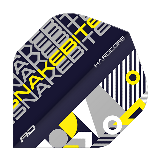 Das Bild zeigt ein Dartflight mit dem Namen "Red Dragon Hardcore Snakebite Black Yellow Standard Flights". Das Design ist modern und auffällig in den Farben Schwarz, Gelb, Grau und Weiß gehalten.