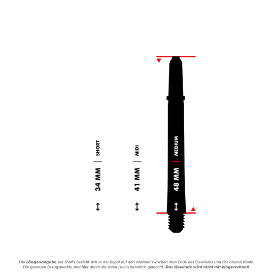 Harrows Dimplex Shafts - Schwarz Das Bild zeigt drei verschiedene Längen von Dart Shafts: Short (34 mm), Midi (41 mm) und Medium (48 mm). Die Maße beziehen sich auf den Abstand zwischen dem Ende des Gewindes und der oberen Kante, wobei das Gewinde nicht mit eingerechnet wird.