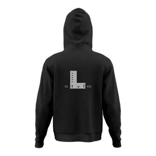 L-Style Hoodie - Black Der Hoodie ist schwarz und hat auf dem Rücken ein großes "L style"-Logo in Grau. Das Design ist schlicht und modern gehalten.