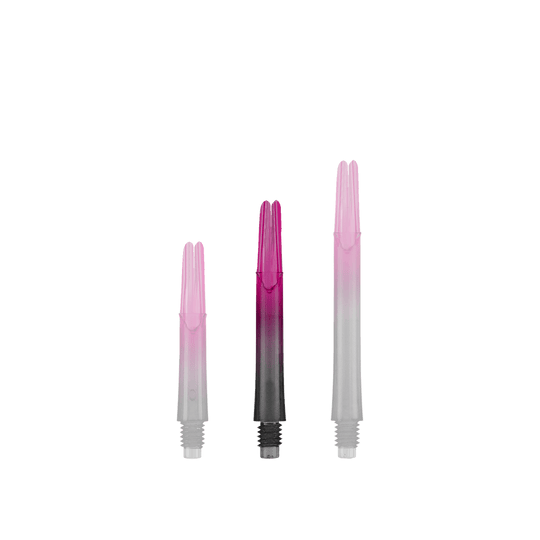 Auf dem Bild sind drei unterschiedlich lange, zweifarbige Dartschäfte zu sehen. Sie sind unten schwarz und gehen nach oben in ein kräftiges Pink über.