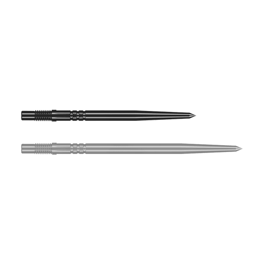 Shot Turbo Point Dart Tips - Black Das Bild zeigt eine schwarze Dartspitze in Detailaufnahme. Die Spitze ist schlank und stabil.