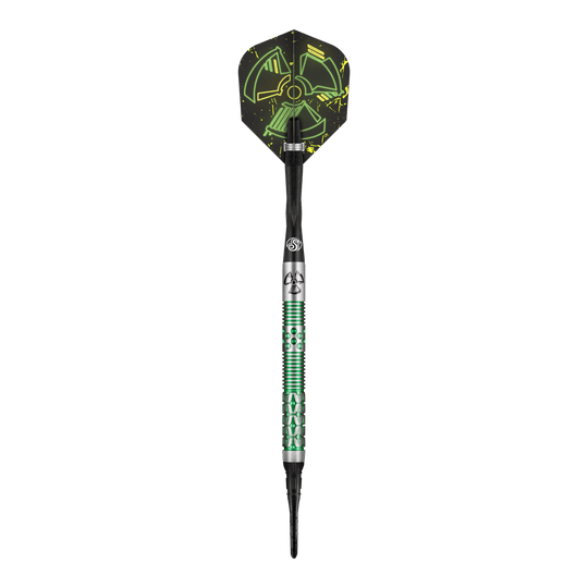 Shot Pro-Series Stowe Buntz 2 soft darts - 21g Das Bild zeigt einen Shot Pro-Series Stowe Buntz 2 Softdart mit einem Gewicht von 21g. Der Dartpfeil hat ein auffälliges Design mit grünen und schwarzen Elementen.