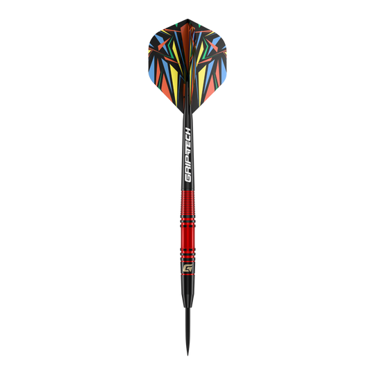 GOAT Athlete Red Brass Steeldarts - 11g Das Bild zeigt einen GOAT Athlete Red Brass Steeldart mit einem Gewicht von 11g. Er hat einen roten Schaft und bunte Flights mit geometrischen Mustern.