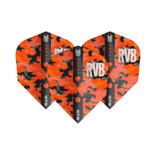 Die Abbildung zeigt die Target ProUltra Barney Army Camo Ten-X Flights mit einem auffälligen orange-schwarzen Camouflage-Muster. Auf den Flights steht groß "RVB" und seitlich ist "PRO ULTRA" zu lesen.