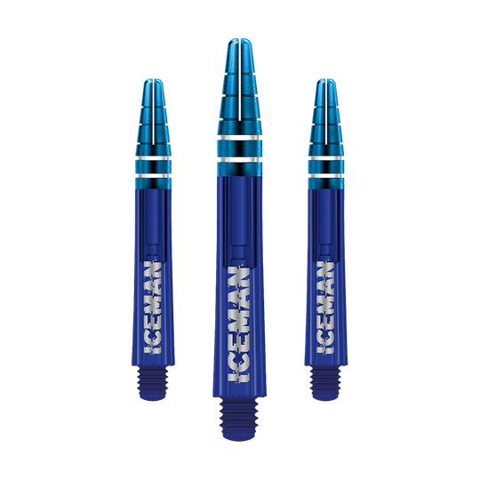 C810_Red_Dragon_Nitrotech_Gerwyn_Price_Blue_Shafts_36mm_1 Das Bild zeigt drei blaue Dartschäfte mit silbernen Ringen. Auf jedem Schaft steht in weißer Schrift das Wort "ICEMAN".
