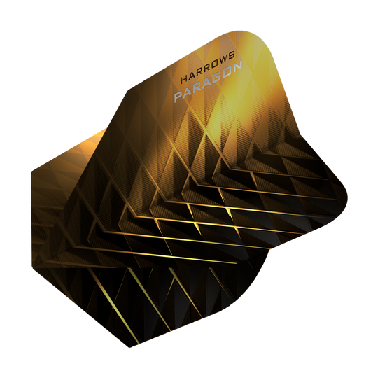 Das Bild zeigt das Produkt "Harrows Paragon Gold No2 Standard Flights". Das Flight hat ein geometrisches, gold-schwarzes Design mit dem Markennamen aufgedruckt.