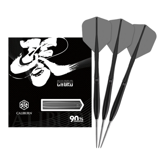 Abgebildet sind die Caliburn Chord C3 Steeldarts mit 22,5 Gramm in voller Ansicht. Diese Darts bieten eine gute Balance und Kontrolle.