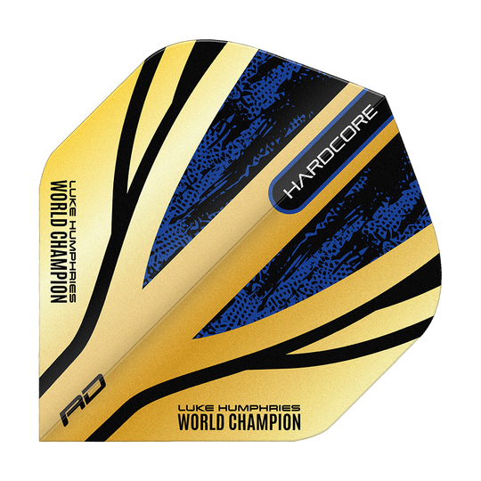 Red Dragon Hardcore Premium Luke Humphries Gold Standard Flights Das Bild zeigt das Produkt "Red Dragon Hardcore Premium Luke Humphries Gold Standard Flights". Die Darts-Flights sind gold, blau und schwarz und tragen die Aufschrift "WORLD CHAMPION" und "HARDCORE".
