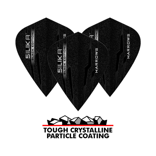 Harrows Silika Black Edition Kite Flights Das Bild zeigt drei schwarze Harrows Silika Black-Edition Kite Flights mit glänzender Beschriftung. Darunter steht „Tough Crystalline Particle Coating“ mit einer Grafik von Kristallen.