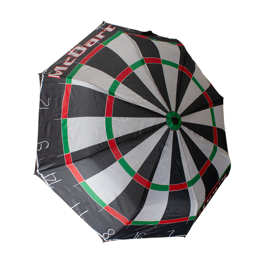SCHIRM-McDart-Dartboard-Regenschirm-2dQBxf4ST22BdQ Auf dem Bild ist ein Regenschirm zu sehen, dessen Design wie eine Dartscheibe aussieht. Auf dem Schirm steht der Schriftzug „McDart“.