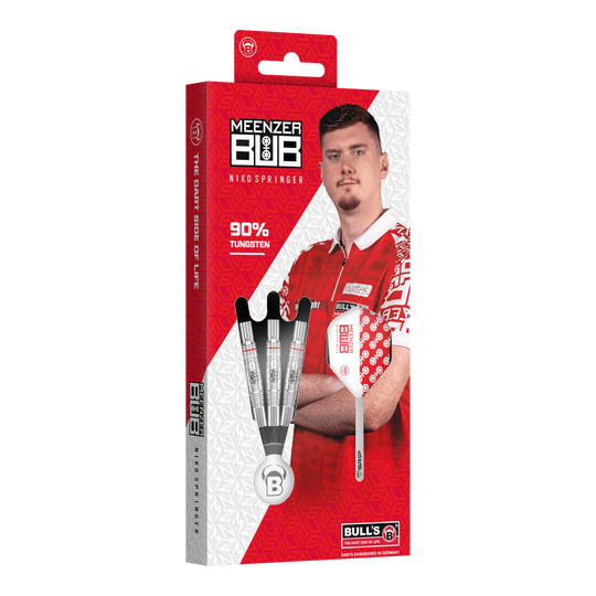 Bulls Niko Springer soft darts - 22g Auf dem Bild ist die Verpackung der "Bulls Niko Springer Softdarts - 22g" zu sehen. Die Packung zeigt drei Dartpfeile und ein Portrait von Niko Springer.