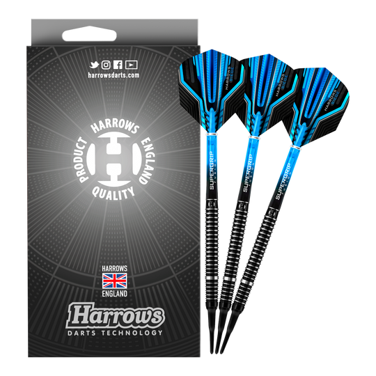Das Bild zeigt eine Packung Harrows Siege Softdarts mit drei blauen und schwarzen Darts. Auf der Verpackung steht "Harrows Darts Technology" und ein Qualitätssiegel aus England.