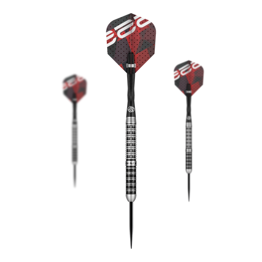 Das Bild zeigt drei Steeldarts des Modells "Shot Niels Zonneveld V2". Die Darts haben silber-schwarze Spitzen und Schäfte sowie rote und schwarze Flights mit Muster.