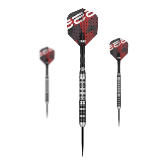 Shot Niels Zonneveld V2 steel darts Das Bild zeigt drei Steeldarts des Modells "Shot Niels Zonneveld V2". Die Darts haben silber-schwarze Spitzen und Schäfte sowie rote und schwarze Flights mit Muster.