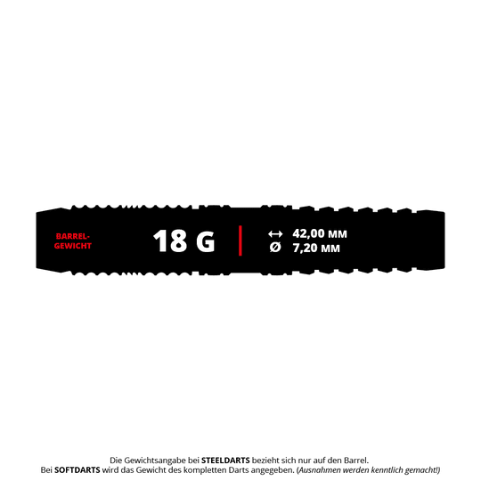 Target Japan Prime Series Diamond GEN3 Soft Darts - 18g Das Bild zeigt die Produktspezifikationen der "Target Japan Prime Series Diamond GEN3 Softdarts - 18g". Die Darts haben ein Gewicht von 18 Gramm, eine Länge von 42,00 mm und einen Durchmesser von 7,20 mm.