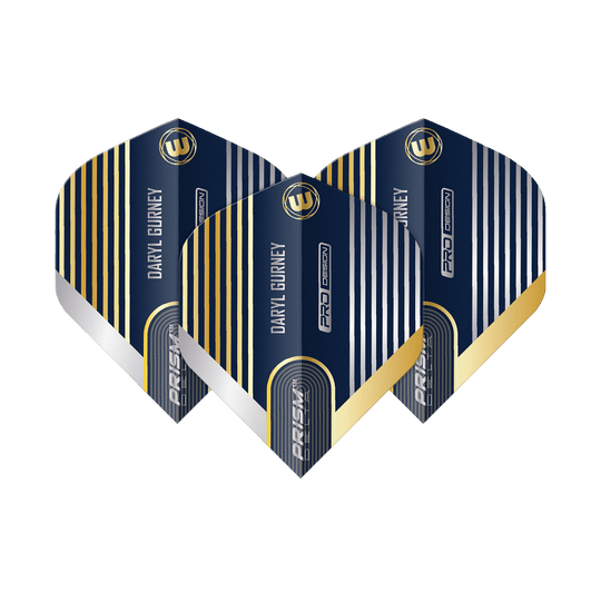 Winmau Prism Delta Daryl Gurney No2 Standard Flights Das Bild zeigt drei Winmau Prism Delta Daryl Gurney No2 Standard Flights. Die Flights sind dunkelblau mit goldenen und silbernen Streifen gestaltet und tragen den Namen "Daryl Gurney".