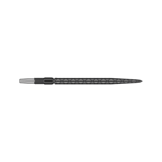 Target Swiss Diamond Pro Black Points dart tips Das Bild zeigt eine schwarze Dartspitze mit rautenförmiger Struktur. Sie ist lang und schmal mit einem silbernen Gewinde am Ende.