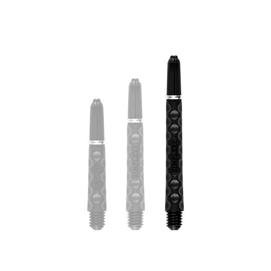 Harrows Dimplex Shafts - Schwarz Das Bild zeigt drei schwarze Dartschäfte in unterschiedlichen Längen. Sie haben eine strukturierte Oberfläche mit silbernen Ringen in der Mitte.