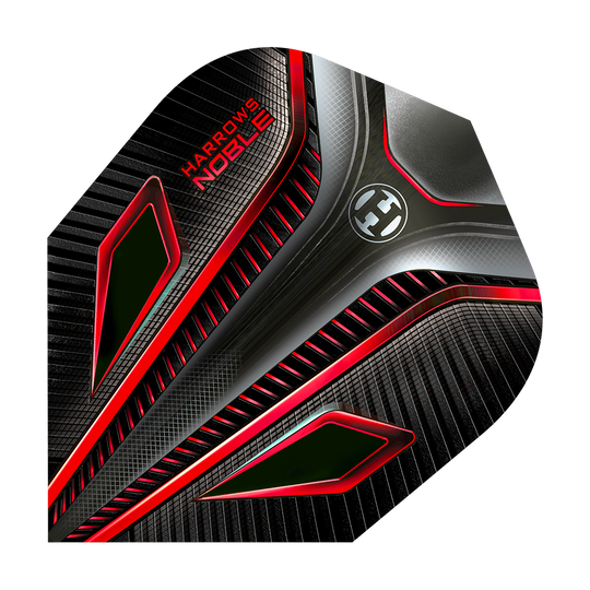 HR6_Harrows_Noble_Red_Standard_Flights_1BKI0BGZ6l3oYH Dies ist ein Harrows Noble Red Standard Flight für Darts. Das Design ist schwarz mit auffälligen roten und silbernen Akzenten.