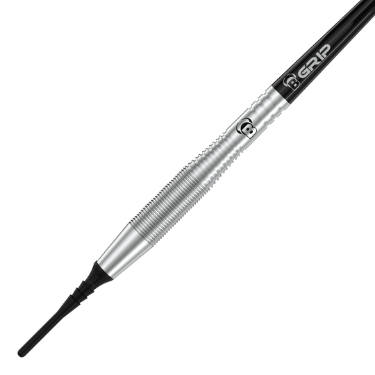 Auf dem Bild ist ein Bulls Martin Schindler TW80 Softdart mit einem Gewicht von 18g zu sehen. Der Dart hat ein silbernes, geriffeltes Griffstück und eine schwarze Spitze.