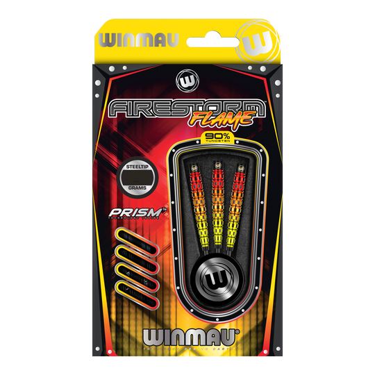 Winmau Firestorm Flame Tapered Steeldarts Das Bild zeigt die Verpackung der "Winmau Firestorm Flame Tapered Steeldarts". In der Verpackung sind drei bunte Stahlspitzendarts mit einem auffälligen Flammen-Design zu sehen.
