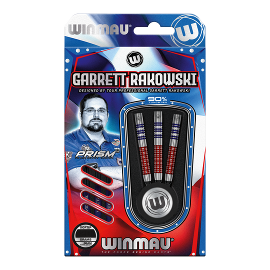 Winmau Garrett Rakowski soft darts - 20g Auf dem Bild ist eine Verpackung der "Winmau Garrett Rakowski Softdarts - 20g" zu sehen. Die Verpackung zeigt die Darts sowie ein Bild von Garrett Rakowski und ist in Blau, Rot und Weiß gestaltet.