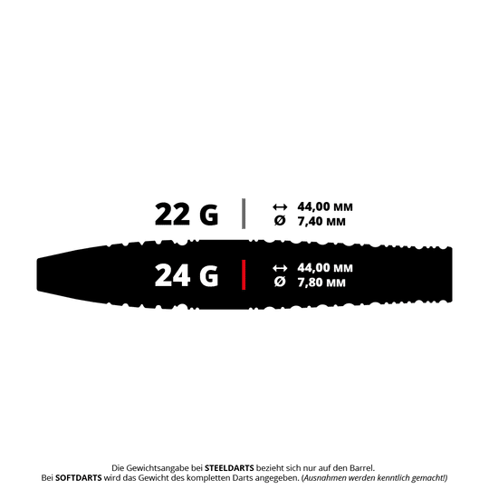 Target Japan Black Marque PW 2 SP steel darts Das Bild zeigt zwei verschiedene Steeldart-Barrels mit jeweils 22 Gramm und 24 Gramm Gewicht. Beide Barrels sind 44,00 mm lang, aber das 22-Gramm-Barrel hat einen Durchmesser von 7,40 mm und das 24-Gramm-Barrel einen Durchmesser von 7,80 mm.