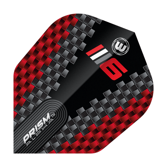 Winmau Prism Alpha Blade 6 Chevron No6 Flights Das Bild zeigt ein Dart-Flight mit einem modernen, roten und grauen Karomuster. Auf dem Flight stehen die Worte "PRISM ALPHA" sowie die Zahl "6" und das Winmau-Logo.