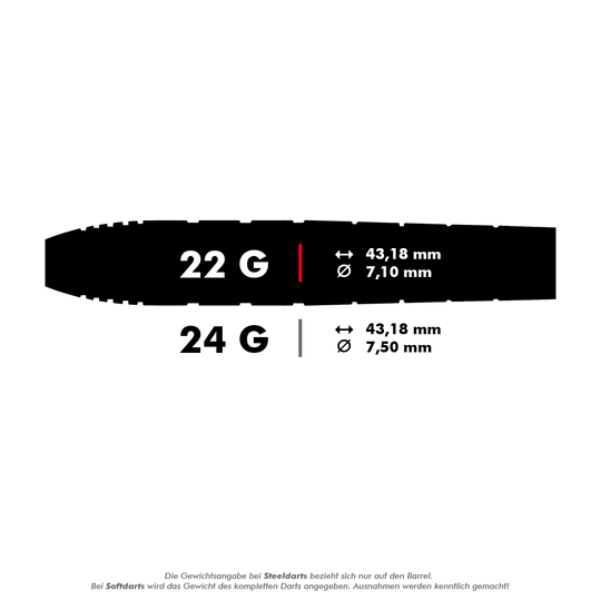 Red Dragon Luke Humphries TX4 Avenger steel darts Das Bild zeigt die Abmessungen und Gewichte von Steeldarts mit 22 g und 24 g. Die 22-g-Variante hat einen Durchmesser von 7,10 mm, die 24-g-Variante einen von 7,50 mm, beide sind 43,18 mm lang.