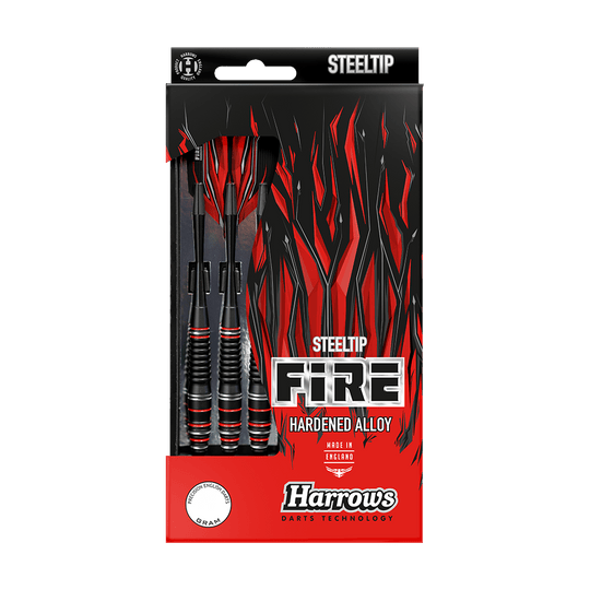 Die Abbildung zeigt eine Verpackung der "Harrows Fire High Grade Alloy Steeldarts". Das Design ist in Schwarz und Rot gehalten und hebt die hochwertigen Stahldarts hervor.
