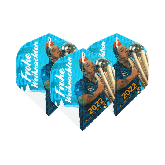 Das Bild zeigt vier Dart-Flights mit einem Weihnachtsmotiv und der Aufschrift "Frohe Weihnachten". Auf den Flights ist außerdem ein Dartspieler mit einer Trophäe und der Jahreszahl 2022 abgebildet.