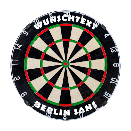 MCDB_Dartboard_mit_Wunschtext_HD_1_BerlinSans Das Bild zeigt eine runde Dartscheibe mit den typischen farbigen Segmenten. Oben steht in weißen Buchstaben "WUNSCHTEXT" und unten "BERLIN SANS".