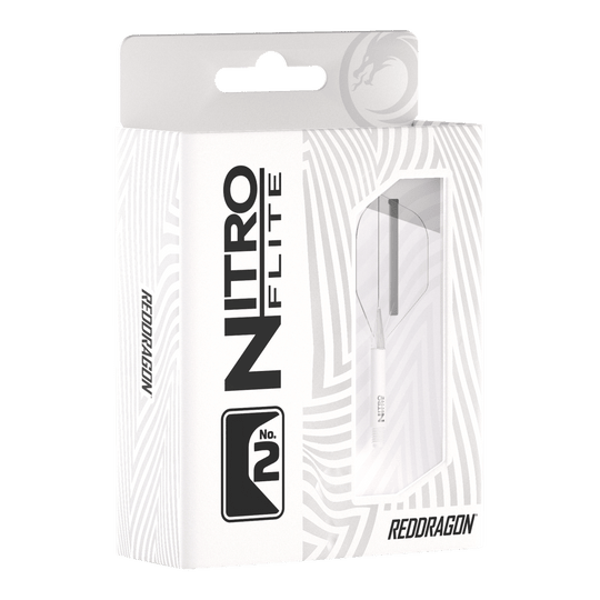 Die Abbildung zeigt die Verpackung der „Red Dragon Nitroflite - White Shaft Clear No2 Flights“. Die Verpackung ist überwiegend weiß und hat ein Sichtfenster, durch das die Dartflights zu sehen sind.