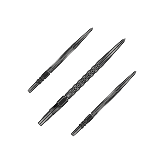 Das Bild zeigt drei schwarze Dartspitzen des Produkts "Target Swiss Point GRD Black Dartspitzen". Die Spitzen haben eine strukturierte Oberfläche für besseren Halt.