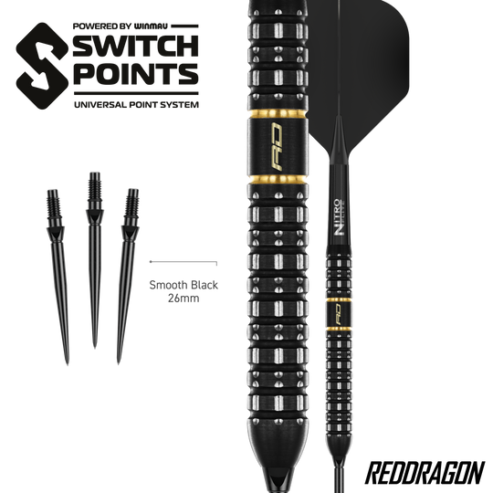 Red Dragon Ascend Parallel Switch Point Steeldarts Das Bild zeigt die Red Dragon Ascend Parallel Switch Point Steeldarts. Die Darts sind seitlich abgebildet und zeigen das spezielle Barrel-Design.
