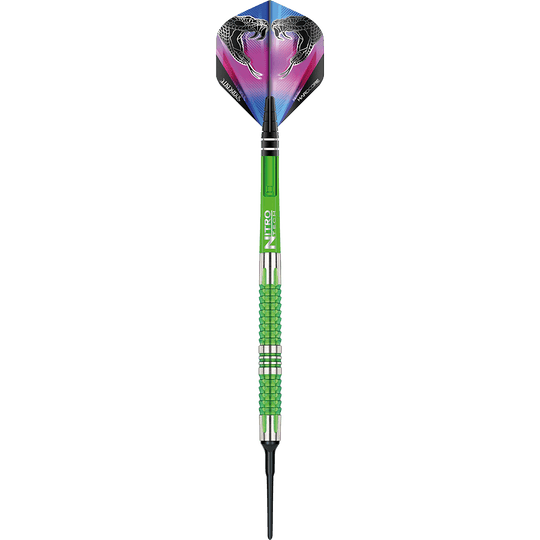 RD1917-Red-Dragon-Peter-Wright-Snakebite-Mamba-2-Softdarts-1ihegDLofLWykx Das Bild zeigt einen Softdart der Marke "Red Dragon Peter Wright Snakebite Mamba 2". Der Dart hat ein auffälliges grünes Griffstück und eine Flight mit Schlangenmotiven.