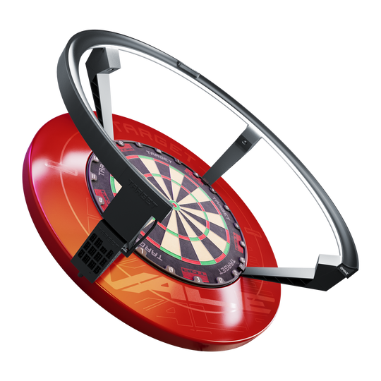 Target OMNI auto-scoring system Das Bild zeigt das Produkt "Target OMNI Auto-Scoring-System", ein innovatives automatisches Punktesystem für Dartscheiben. Es besteht aus einem roten Sockel, einer Dartscheibe und einem großen schwarzen Ring, der über der Scheibe angebracht ist.