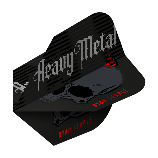Das Bild zeigt ein Dart-Flight mit der Aufschrift "Heavy Metal" und einem Totenkopf-Design. Unten steht in roten Buchstaben der Name "Ryan Searle".