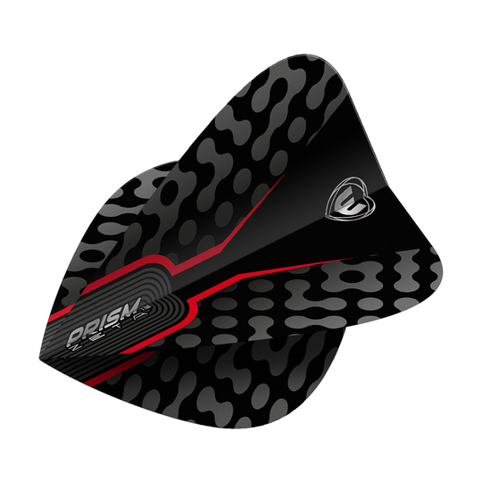 Winmau Zeta Black Red Kite Flights Das Bild zeigt einen Winmau Zeta Black Red Kite Flight. Das Design ist schwarz mit roten Akzenten und einem grauen Muster.