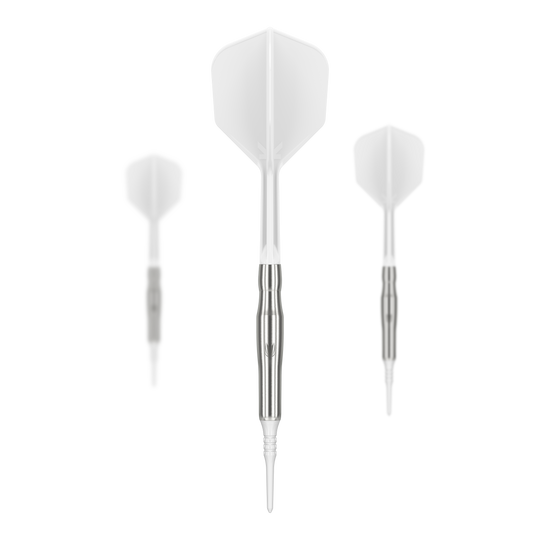 Target Japan Crux Brave Soft Darts - 18.5g Das Bild zeigt drei Softdarts des Produkts "Target Japan Crux Brave Softdarts - 18,5g". Die Darts haben silberne Schäfte und weiße Flights.