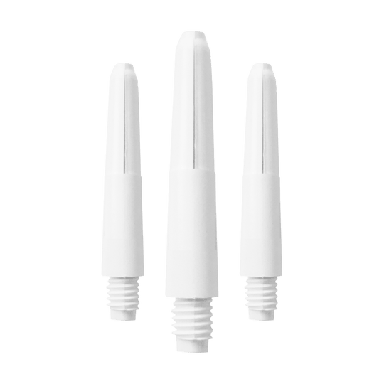 580_Nylon_Shafts_Schneeweiss_28mm_1TAbGTrpmPAx28 Das Bild zeigt drei weiße Nylon-Schäfte mit Schraubgewinde. Sie sind nebeneinander vor weißem Hintergrund angeordnet.