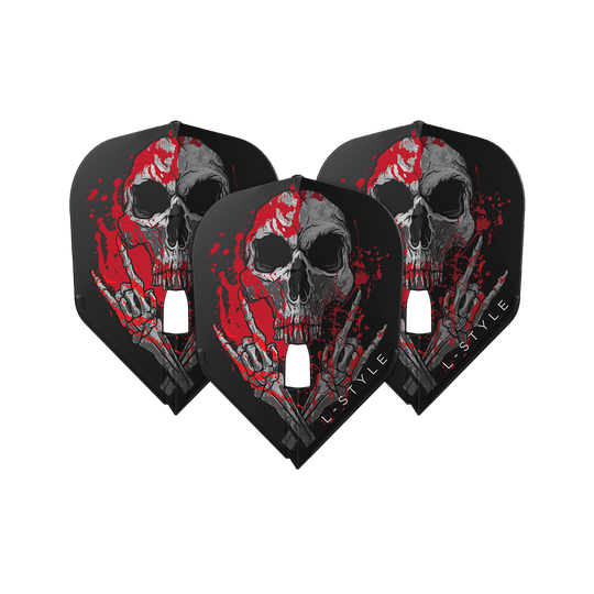 L-Style Ryan Searle V3 L3PRO Black Flights Das Bild zeigt drei schwarze Dart-Flights mit einem auffälligen Totenkopf-Design und roten Farbspritzern. Unten auf den Flights steht der Schriftzug "L-STYLE".