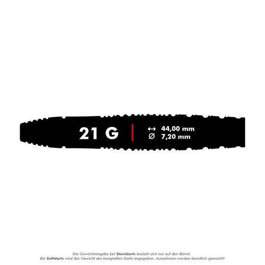 Das Bild zeigt einen Dartpfeil mit der Aufschrift "21 G". Die Länge beträgt 44,00 mm und der Durchmesser 7,20 mm.