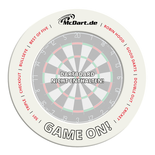 McDart Game On Dartboard Surround Ein weiteres weißes Dartboard-Surround ist abgebildet. Es schützt die Umgebung des Dartboards vor Treffern.