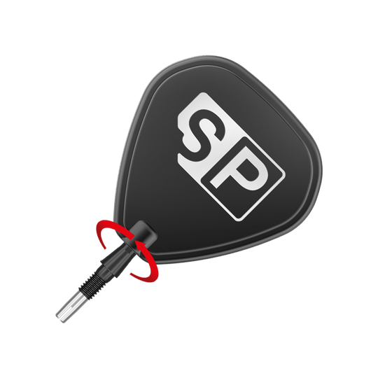 Das Bild zeigt eine schwarze Dartspitze mit der Aufschrift "SP". Ein roter Pfeil zeigt, dass die Spitze gedreht werden kann.
