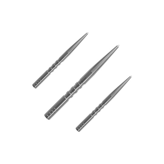 Condor Beak Point With Cut dart tips Das Bild zeigt drei silberne Dartspitzen, die nebeneinander liegen. Sie sind aus Metall und haben eine schlanke, spitze Form.