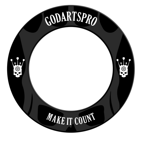 Gezeigt wird das GoDartsPro Dartboard Surround in der Farbe Schwarz. Es handelt sich um einen Schutzring für Dartscheiben.